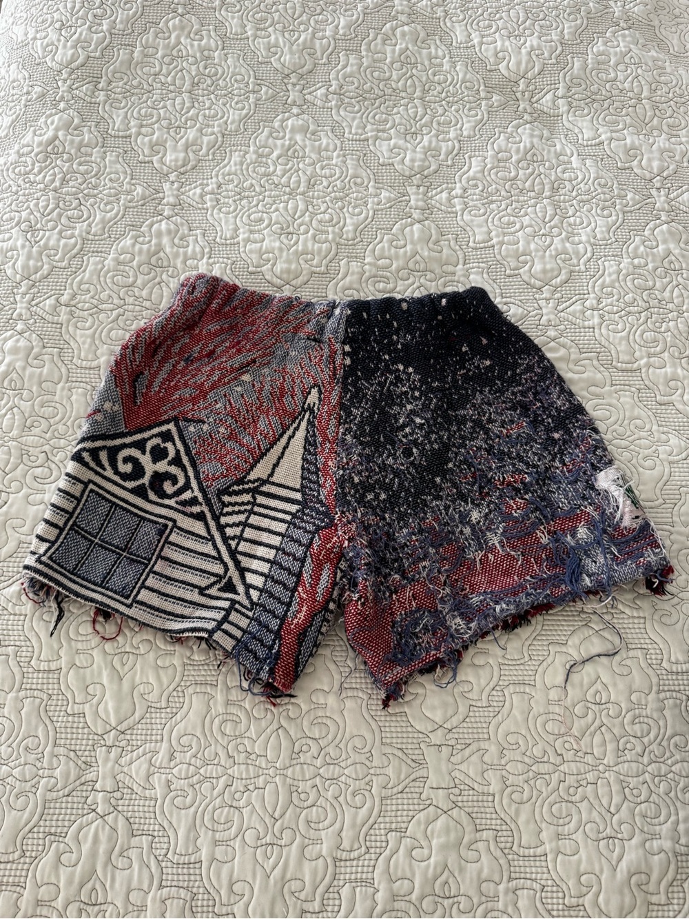 Handmade Patchwork Knit Shorts in Red, Navy & Cream